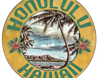 Aloha Hawaii Vintage Surfing Picture Advertisement Old Vintage Round ...
