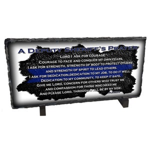 Distressed Thin Blue Line Deputy Sheriff&#39;s Prayer Art Chiseled Slate Rock On An Easel | Deputy Sheriff Graduation Gift | Sheriff Gift
