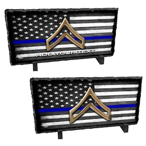 Police Corporal Rank Bars American Flag Thin Blue Line Art Chiseled Slate Rock On An Easel | Police Graduation Gift | Police Promotion Gift