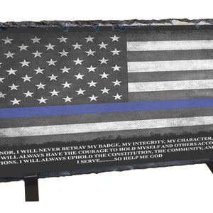 Thin Blue Line With Law Enforcement Officers Oath American Flag Chiseled Slate Rock On An Easel | Police Promotion Gift | Police Graduation