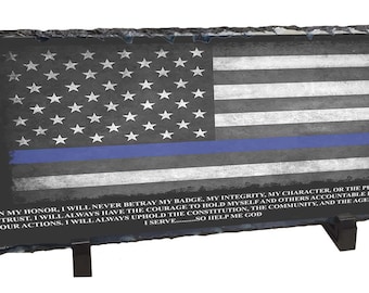 Pizarra con la bandera estadounidense de línea azul fina / Regalo de oficial de policía con caballete