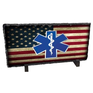 Amerikanische Flagge EMS Stern des Lebens Symbol gemeißelt Schiefer Rock | Notarztdienst Geschenk | EMS Geschenke | EMT Geschenk | Paramedic Geschenk | Krankenschwester