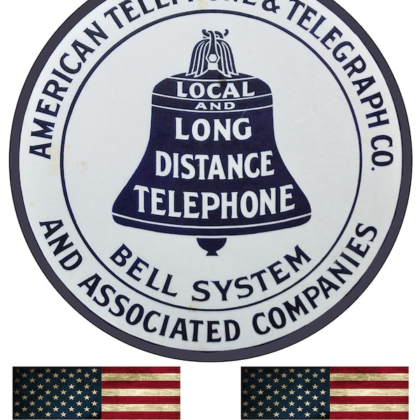 American Telephone and Telegraph Garage Sign Metal Garage Vintage Reproduction 11.75 Inch Sign With 2 American Flag Vinyl Decals