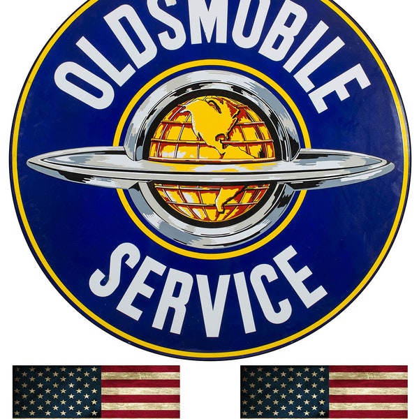 Oldsmobile Service Old Ad Vintage Round Metal Garage Sign Reproductie 11.75 Inch Met Amerikaanse vlag Vinyl Sticker