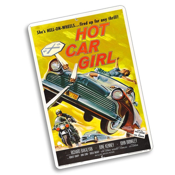 Hot Car Girl 1950's Vintage Metal Sign Retro Metal Signs Wall Decor | Cool Old Looking Metal Signs | Old Movie Metal Sign Decor