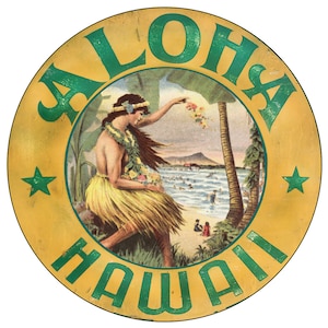 Aloha Hawaii Vintage Surfen Bild Werbung alte Vintage Runde Garage Zeichen Metall Garage Reproduktion 11,75 Zoll Zeichen