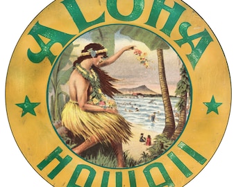 Aloha Hawaii Vintage Surfing Picture Advertisement Old Vintage Round Garage Sign Metal Garage Reproduction 11.75 Inch Sign