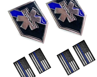 EMS Star Of Life | EMT | Paramedic | Emergency First Responder Lapel Pins Package of 2 With Thin Blue Line Flag Decals