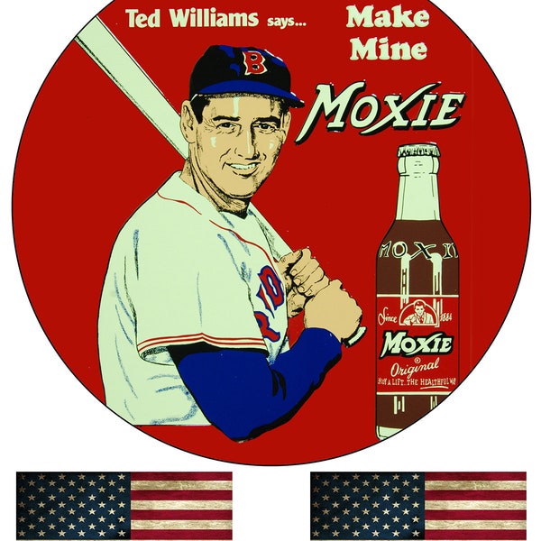 Ted Williams Moxie Drink Advertisement Old Vintage Round Garage Sign Metal Garage Reproduction 11.75 Inch Sign