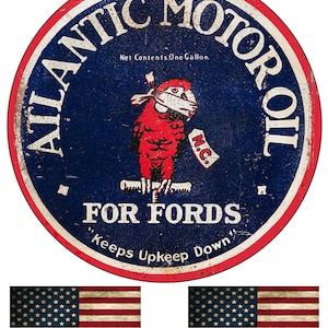 Atlantic Motor Oil For Fords Advertisement Old Vintage Round Garage Sign Metal Garage Reproduction 11.75 Inch Sign