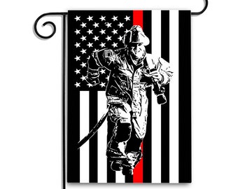 Thin Red Line Subdued American Flag Firefighter Running Towards A Fire Garden Flag 12" x 18" | Fire Fighter Thin Red Line Flag