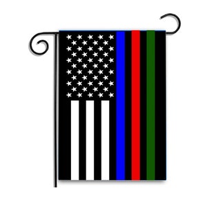 TWO Flags TWO Stands Military Police Firefighter Red Line Green Line Blue Line Subdued American Tactical Garden Flag | Military Firefighter