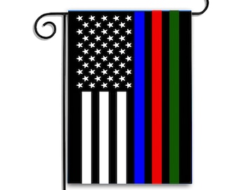 Military Police Firefighter Red Line Green Line Blue Line Subdued American Tactical Garden Flag | Military Firefighter Law Enforcement Flag