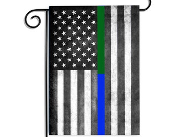 Police Military Border Patrol Half Green Line Half Blue Line Subdued American Tactical Garden Flag | Law Enforcement Border Patrol Flag