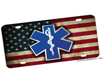 EMS Star of Life American Flag License Plate Tag Decorative Plate | Firefighter EMT Gifts | Firefighter EMS Support Gifts | Paramedic Gifts