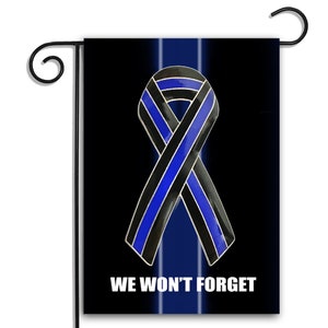 TWO Flags TWO Stands Police Sheriff Law Enforcement Thin Blue Line Never Forget The Fallen Blue Ribbon Flag Apartment Garden Flag 12&quot; x 18&quot;