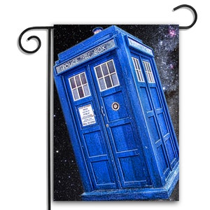 TWO Flags TWO Stands Doctor Who Tardis Police Public Call Box Yard Flag Garden Flag 12&quot; x 18&quot; | Dr Who Merchandise | Doctor Who Merchandise