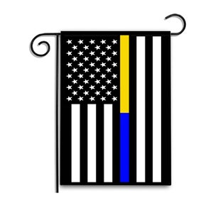 TWO Flags TWO Stands Thin blue Line Thin Gold Line l American Flag Law Enforcement 911 Dispatcher Apartment or Garden Flag 12&quot; x 18&quot;