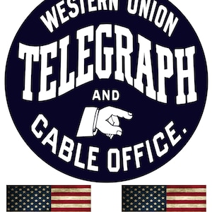Western Union Telegraph Cable Old Vintage Garage Sign Metal Garage Vintage Reproduction 11.75 Inch Sign With 2 American Flag Vinyl Decals