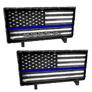 Thin Blue Line American Flag Chiseled Slate Rock On An Easel | With Personalization or Without