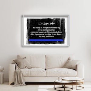 May include: Black and white typography print with the word "integrity" defined as the quality of being honest and having strong moral principles. The definition includes synonyms such as honesty, probity, rectitude, honor, ethics, righteousness, morality, virtue, decency, sincerity, and truthfulness. A blue line is drawn under the definition.