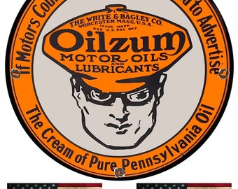 Oilzum Motor Oils and Lubricants Motor Oil Garage Sign Metal Garage Vintage Reproduction Sign With 2 American Flag Vinyl Decals 11.75 Inch