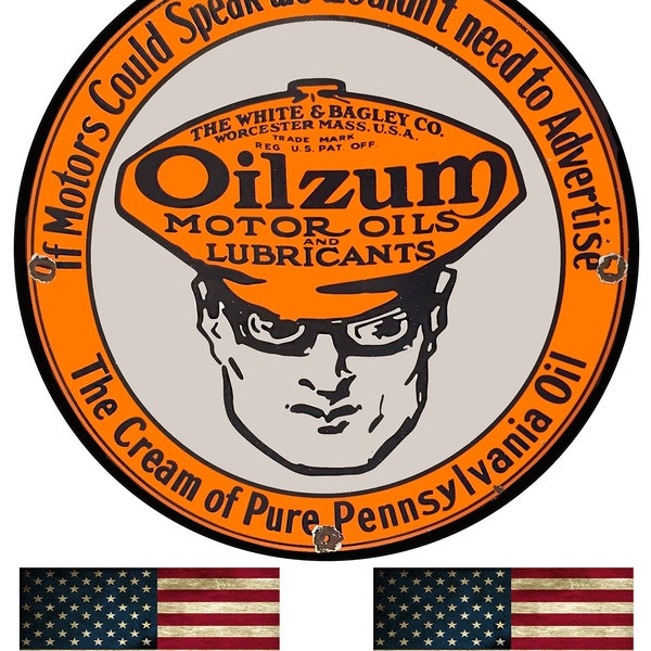 Huiles de moteur oils et lubrifiants Garage d’huile de moteur Signe métal garage vintage Signe de reproduction avec 2 décalcomanies de vinyle de drapeau américain 11.75 pouce
