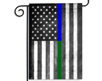 Police Military Border Patrol Half Blue Line Half Green Line Subdued American Tactical Garden Flag | Law Enforcement Border Patrol Flag