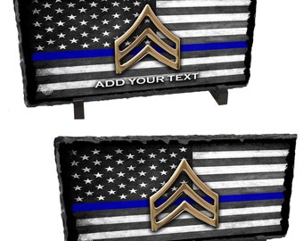 Police Sergeant Rank Bars American Flag Thin Blue Line Art Chiseled Slate Rock On An Easel | Police Graduation Gift | Police Promotion Gift