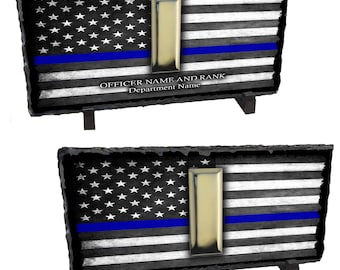 Lieutenant Rank Gold Bar American Flag Thin Blue Line Art Chiseled Slate Rock On An Easel | Police Promotion Gift | Personalized