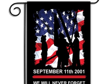 Never Forget September 11 2001 American Firefighter Silhouette Apartment Garden Flag 12" x 18" | 911 Memorial Yard Flag  Firefighter Support