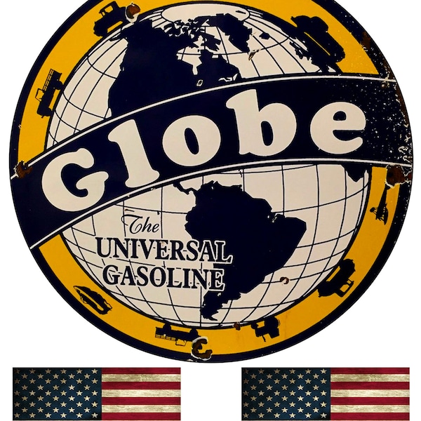 Universal Globe Gasoline and Motor Oil Garage Sign Metal Garage Vintage Reproduction Sign With 2 American Flag Vinyl Decals