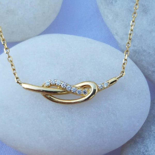 Free Shipping - 18KT Gold over 925 Sterling Silver "Love Knot" Necklace CZ Diamonds - Adjustable 16"-17"-18" - spring summer 2018