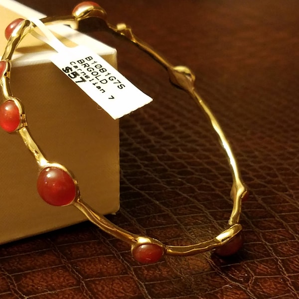 Free Shipping - Slip-on Bangle w/ Red Agate Stones 7" Bracelet Gold over Brass