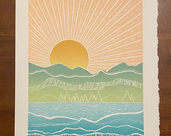 Mountain Big Sun, Nature, Landscape, Linocut, Linocut print, Linocut art, Sunrise