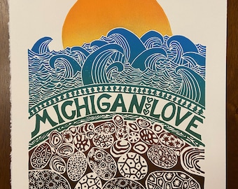 Michigan Love, Petoskey Stones, Michigan Petoskey, Linocut Petoskey, Linocut print