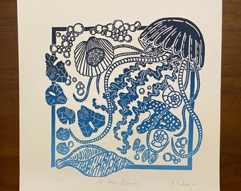 Jellyfish Linocut Print, Beach Art Print, Ocean Wildlife Art, Shell Art, Coastal Marine Life