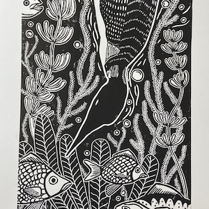 Loon, Loon diving, Michigan wildlife Art, Linocut, linocutprint, Nature Gift, Water Fowel Art, Wall Prints, Nature Prints