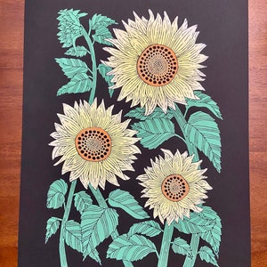 Sunflower Art, Linocut Sunflower Print, Botanical Wildflower Art, Floral print