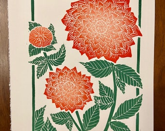 Dahlias, Linocut, linocutprint, blockprint, flowers, botanical, nature wall art