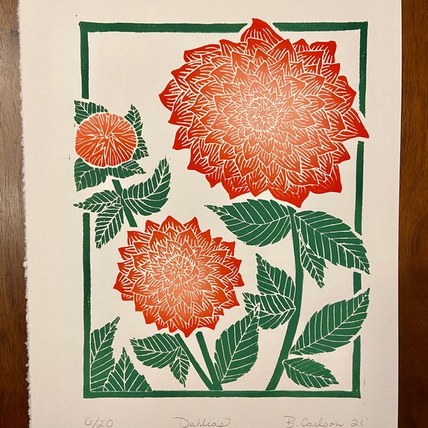 Dahlias, Linocut, linocutprint, blockprint, flowers, botanical, nature wall art