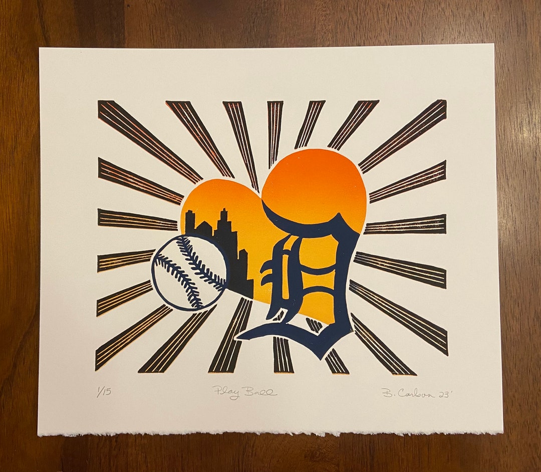 Detroit Baseball Linocut Print, Sports Art, Tigers Baseball - Etsy