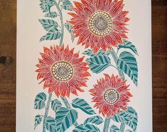 Red Sunflower Art, Sunflower Linocut Print, Botanical Fall Art