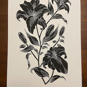 Lily Linocut Print: Black & White Botanical Art