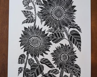 Sunflower Art Print, Linocut Sunflowers, Botanical Wall Art