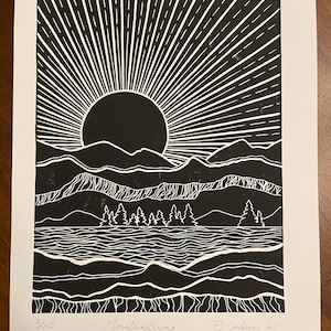 Mountain Big Sun, Nature, Landscape, Linocutart, Linocut, Linocutprinting,