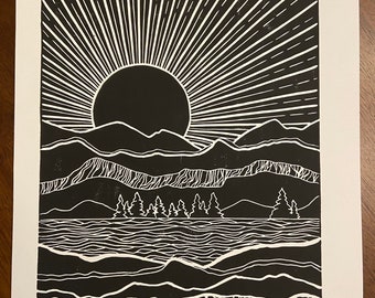 Mountain Sunrise Art, Linocut Landscape, Linocut Sunrise
