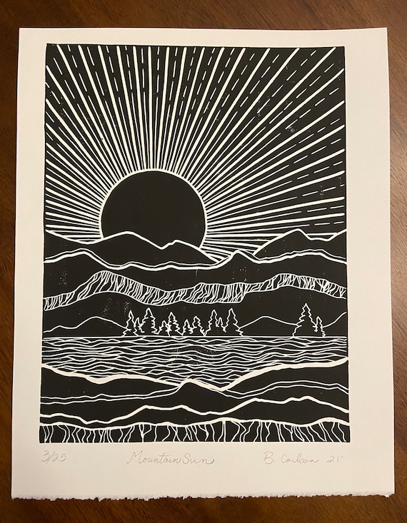 Mountain Sunrise Art, Linocut Landscape, Linocut Sunrise