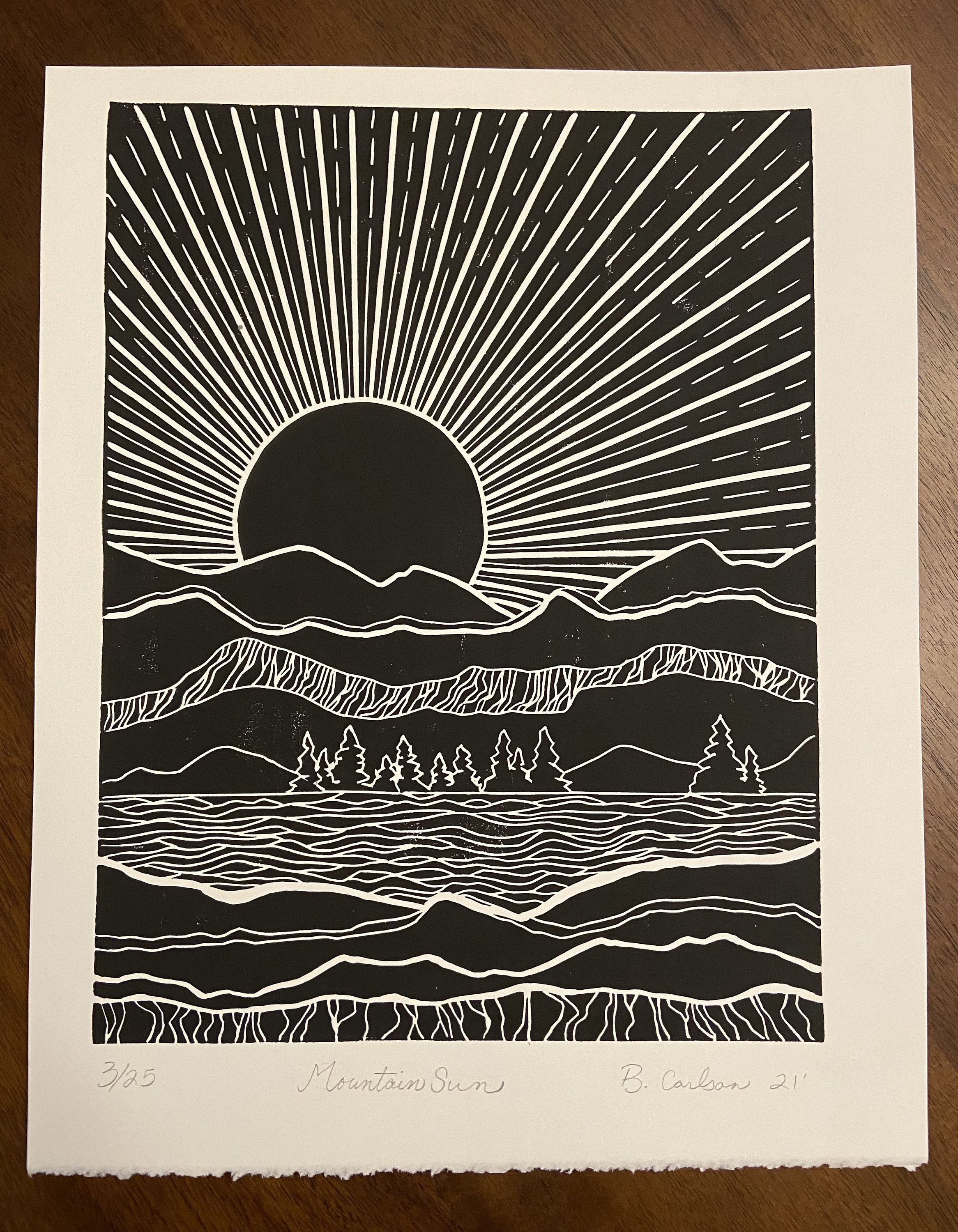 Mountain Big Sun, Nature, Landscape, Linocutart, Linocut