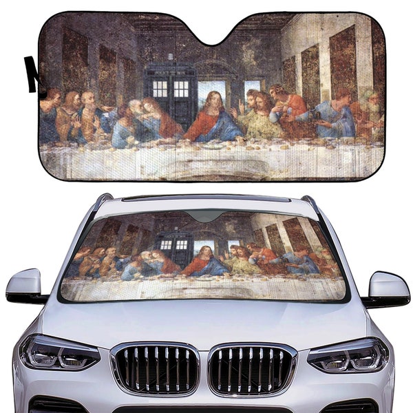 TARDIS at The Last Supper Car Sun Shade | Windshield Shade, Custom Gift for Her, Custom Gift for Him, Car Accessory, Doctor Who, Whovian
